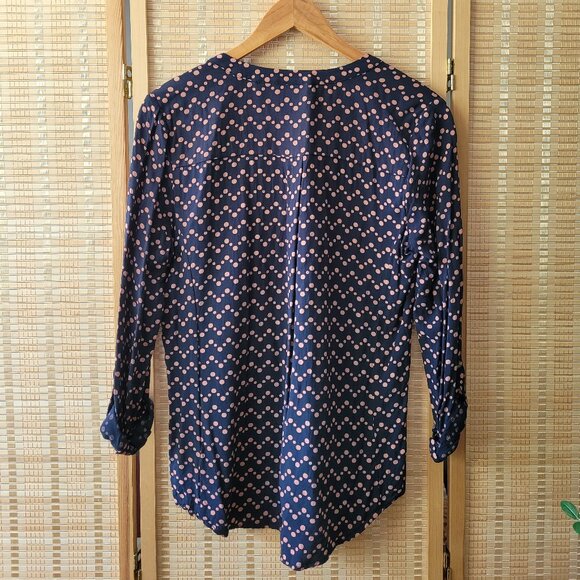 ANTHROLOGIE MAEVE Navy Blouse Button Pink Dots - Picture 3 of 5
